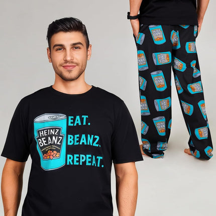 HEINZ Mens Pyjamas Set PJs T-Shirt Long Bottoms Breathable Loungewear Comfy Nightwear Baked Beans Funny Gifts for Men (XL, Black)