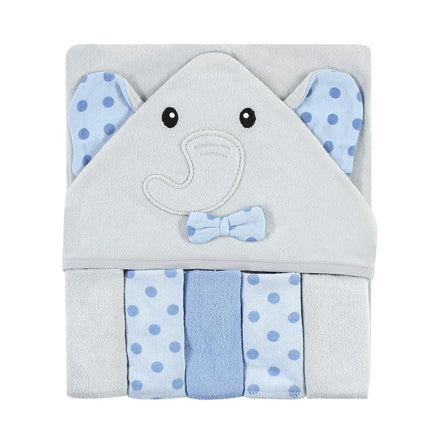 Hudson Baby Unisex Baby Hooded Towel and Five Washcloths, Pink Dots Pretty Elephant, One Size