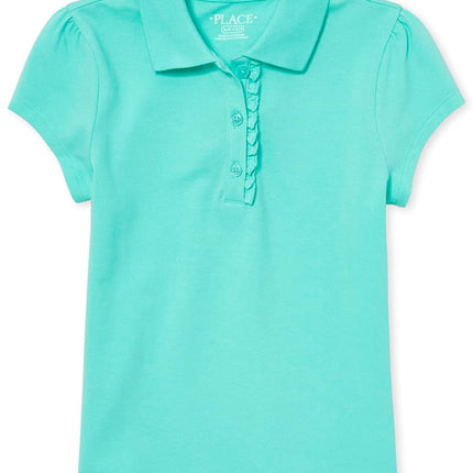 The Children's Place Girls' Short Sleeve Ruffle Pique Polo, Seafrost, 10-12