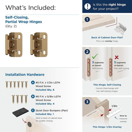 Amerock BPR7550CZ | Cabinet Hinge | 1/2 in (13 mm) Overlay Self Closing Partial Wrap | Champagne Bronze | Kitchen Cabinet Door Hinge | 1 Pair/2 Pack | Functional Hardware
