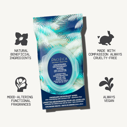 Lingettes déodorantes pour les aisselles Pacifica Beauty, lait de coco et huiles essentielles, 120 unités