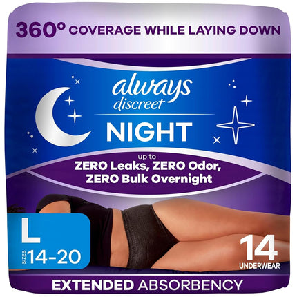 Always Discreet Night, Reimagined Adult Diapers for Women, Overnight Incontinence Underwear L, 14 Count