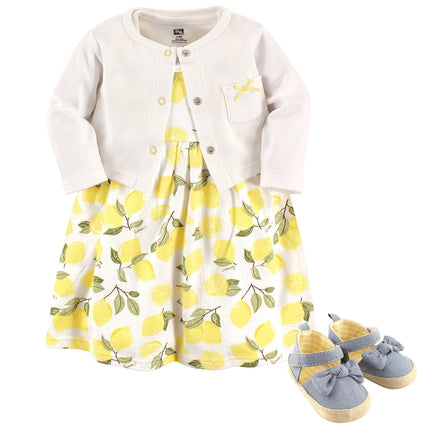 Ensemble Robe, Cardigan et Chaussures en Coton pour Bébés Filles Hudson Baby, Citron, 12-18 Mois
