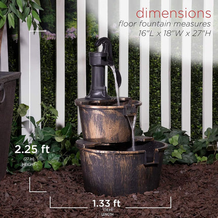 Alpine Corporation 27" Tall Outdoor Rustic 2-Tier Barrel and Pump Water Fountain with LED Lights – Garden, Patio, or Yard Decor, Bronze