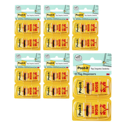 Post-it Message Flags Value Pack, "Sign Here", 1 inch, Yellow, 50 Flags per Dispenser, 2 Dispensers per Card, 6-Count per Box