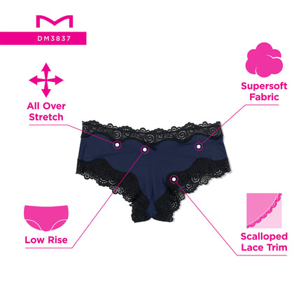 Maidenform Women's Underwear, Low-Rise Cheeky, Scalloped Lace Hipster Panty, 3-Pack, Black/Black/Black, S (Pack of 3)