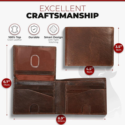 Cartera plegable de cuero RFID para hombre con identificación desplegable en color marrón búfalo vintage, SIN logotipo - Marrón Grizzly, Cartera plegable