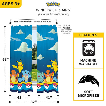 Franco Kids Room Window Curtain Panels Drapes Set, 82 in x 63 in, Pokemon, Multicolour
