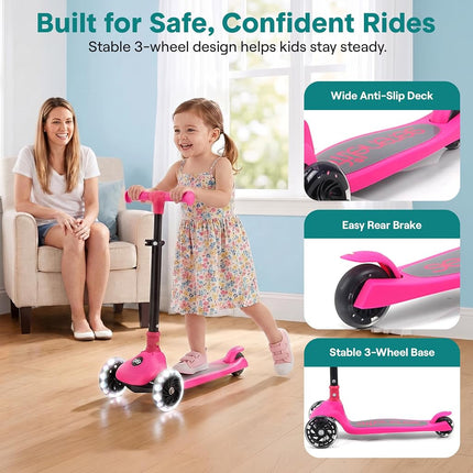 SereneLife Kids Scooter for Ages 3–7 – 3 Wheel Kick Scooter with Seat Option, Light-Up LED Wheels, Lean-to-Steer, Foldable, Adjustable Height, 50 kg Capacity, Pink