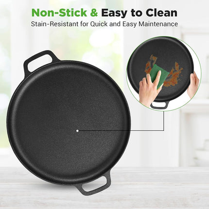 Poêle à pizza en fonte de 13 po - Poêle de cuisson à pizza en fonte avec poignée facile à saisir - Pour cuisinière à gaz, électrique, en verre, à induction, four et gril/feu de camp - 2 poignées en silicone - Nutrichef NCCIPD