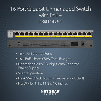 NETGEAR 16-Port Gigabit Ethernet Unmanaged PoE Switch (GS116LP) - with 16 x PoE+ @ 76W Upgradeable, Desktop, Wall Mount or Rackmount, and Limited Lifetime Protection