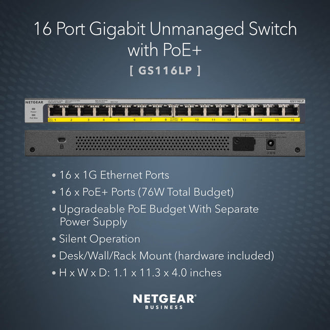 NETGEAR 16-Port Gigabit Ethernet Unmanaged PoE Switch (GS116LP) - with 16 x PoE+ @ 76W Upgradeable, Desktop, Wall Mount or Rackmount, and Limited Lifetime Protection