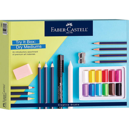 Faber-Castell Try It Box: Dry Mediums, 26 Piece Sketching Coloring Art Set with Colored Pencils, Graphite Pencils, Pastels, Pitt Artist Pen and Art Tools