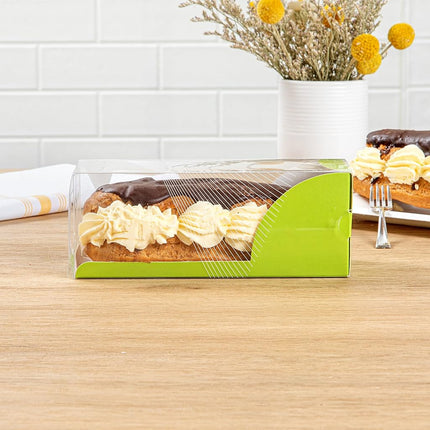 Restaurantware-7 Inch x 2.5 Inch Clear Dessert Boxes, 100 Green Paper Sleeve Transparent Candy Boxes - Geometric Line Accent, No Grease Lining, Clear Plastic Favor Box, Crack Resistant
