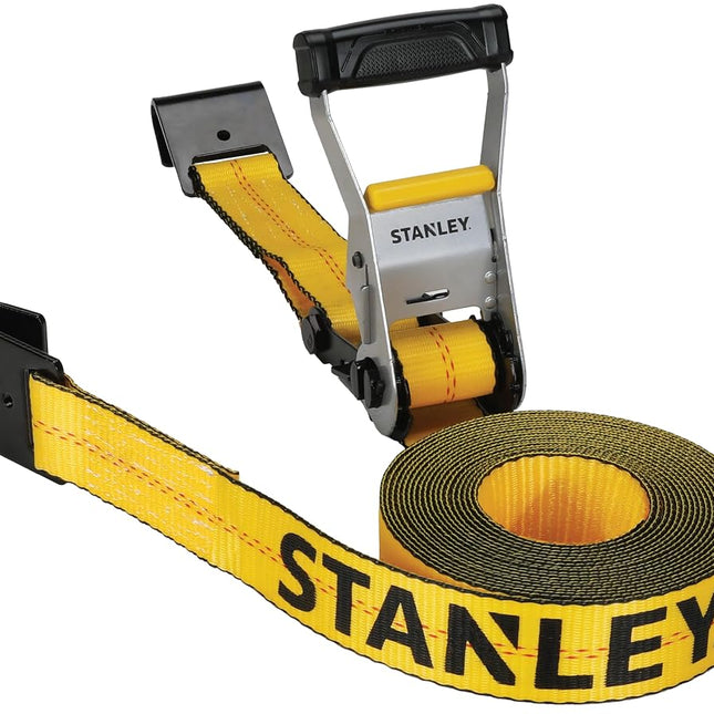 STANLEY S10000F Black/Yellow 2" x 27' Ratchet Strap with Flat Hooks - 3,333 LBS Safe Working Load / 10,000 LBS Break Strength