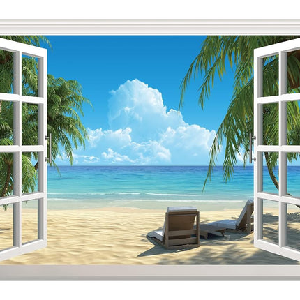 FLFK Fake Window Wall Sticker - Summer Beach Faux 