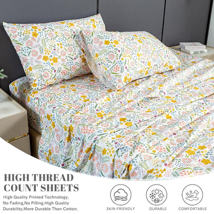Bedlifes Queen Sheet Set Ultra Soft Breathable Silky Flower Bed Sheets Deep Pocket 100% Microfiber Bedding Sheets 4 Piece Queen Size Floral