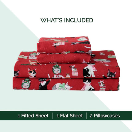 Elegant Comfort Ultra Soft 4-Piece 100% Turkish Cotton Flannel Sheet Set - Holiday Christmas Flannel Sheets, Warm and Cozy Premium Quality, Deep Pocket Fitted Sheet- Twin, Cats in Holiday