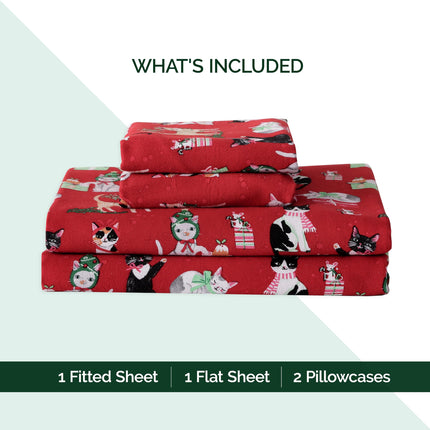 Elegant Comfort Ultra Soft 4-Piece 100% Turkish Cotton Flannel Sheet Set - Holiday Christmas Flannel Sheets, Warm and Cozy Premium Quality, Deep Pocket Fitted Sheet- Twin XL, Cats in Holiday