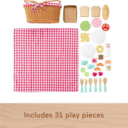 Fisher-Price Wood Pretend Play Toy Picnic Basket, 31-Piece Wooden Food Playset for Preschool Kids Ages 3+ Years, HXT81