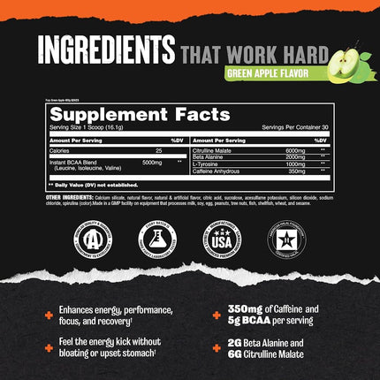 Animal Fury Pre-Workout Energy Supplement with Amino Acids, Green Apple 30 Servings