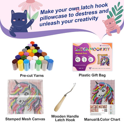 Fantasy Unicorn Latch Hook Kits for Adults Kids, Beginners DIY Throw Pillow Kit Pre-Printed Pillowcase Hook and Latch Rug Kits Cross-Stitch Cushion Cover for Home Sofa Decor Gift Idea 17x17 inch