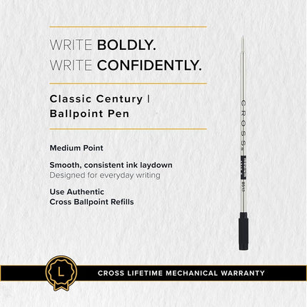 Cross Classic Century Refillable Twist-Action Metal Ballpoint Pen with 23 Carat Gold Plated Appointments, Medium Ballpoint, includes Premium Gift Box and Black Cartridge, 1 Pack, Medalist