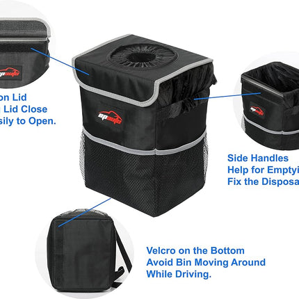EPAuto Waterproof Car Trash Can with Lid and Storage Pockets, Black
