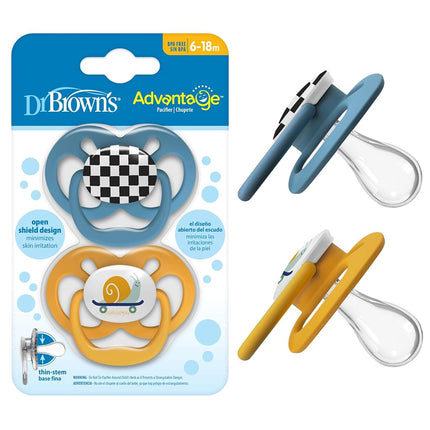 Chupete para bebé Advantage de Dr. Brown's, con tetina de silicona suave totalmente simétrica, Skateboard Snail, de 6 a 18 meses, sin BPA, paquete de 2