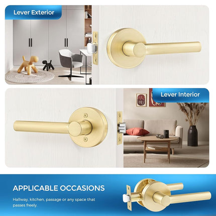 Leydebong 1 Pack Passage Lever Door Handle [Non-Locking Lever] for Hallway Doors or Closets with a Satin Brass Finish, Reversible for Right & Left Side