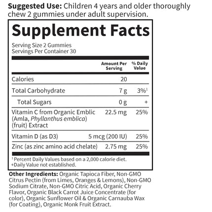 Garden of Life Kids Immune Gummy, Cherry Flavor - Vitamin C, D & Zinc Gummies for Immune Support - Sugar Free, Organic & Non-gmo Immunity Gummy Vitamins for Children, 60 Vegetarian Gummies