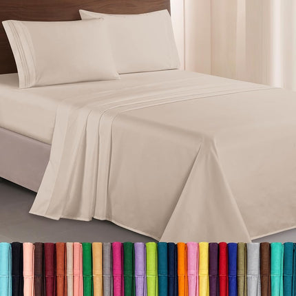 Elegant Comfort Luxurious 1500 Premium Hotel Quality Microfiber Three Line Embroidered Softest 4-Piece Bed Sheet Set, Wrinkle and Fade Resistant, King, Cream