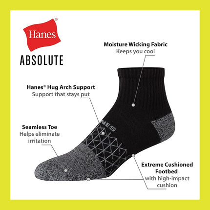 Hanes Men's Absolute Active Cushioned Ankle, Moisture Wicking Socks, Seamless Toe, 4-Pack, Black/Gray Marl, 4.5-12 UK