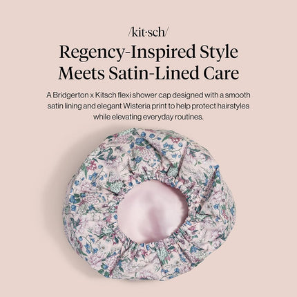 Bridgerton x Kitsch Satin-Lined Flexi Shower Caps for Women Reusable Waterproof - Large Wide Shower Cap for Women & Men, Adjustable, Stylish Hair Cap for Showers, For Long & Short Hair - Wisteria