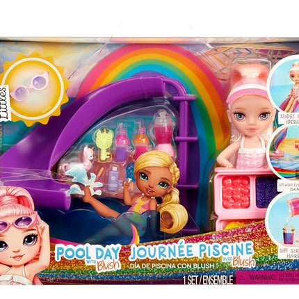 Rainbow High Littles Pool Day with Blush Play Set - with a Small 14 cm Pink Doll, Pool with Rainbow Slide, Accessories, Smoothie Stand, for Children from 4 Years