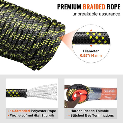 VEVOR Vertical Lifeline Assembly, 0.55'' x 50' Fall Protection Rope with 30 KN Breaking Tension, Polyester Roofing Rope with Steel Snap Hooks, Rope Grab, and Shock Absorber, ANSI Compliant