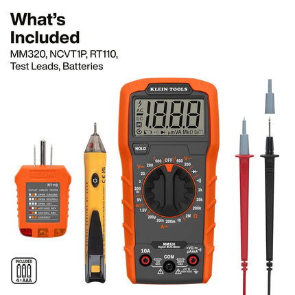 Klein Tools 69149P Electrical Test Kit with Digital Multimeter, Noncontact Voltage Tester and Electrical Outlet Tester, Leads and Batteries, Green,Red