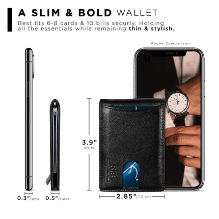 SERMAN Brands Portefeuilles Minimalistes Fins en Cuir Véritable pour Hommes avec Pince à Billets Blocage RFID - Noir - Petit