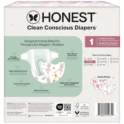 The Honest Company Pañales ecológicos Clean Conscious para pieles delicadas, hipoalergénicos sin fragancia, hasta 100 % a prueba de fugas, estampados de niña, caja Club, talla 1 (8–14 lb), 78 unidades (los estampados pueden variar)