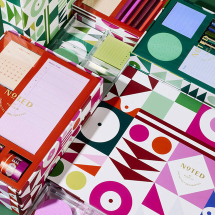 Post-it Noted por Printed Notes Gift Box, juego de 4 piezas, colores fríos, incluye notas adhesivas redondas, cuadradas, mini lista, bolígrafos de 3 unidades
