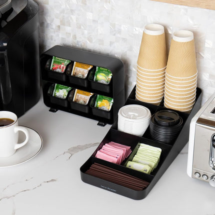 Mind Reader Tea Storage, Cup and Condiment Station, Set of 2, Countertop Organizer, Kitchen, 7.25" L x 15.5" W x 5.25" H, Black