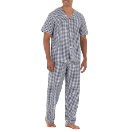 Fruit of The Loom Men's Broadcloth Short Sleeve Top and Long Pants Pajama Set, Navy/White Check, 4X