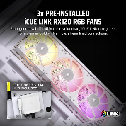 CORSAIR iCUE LINK 3500X RGB Mid-Tower ATX PC Case – Panoramic Tempered Glass – Reverse Connection Motherboard Compatible – 3x CORSAIR iCUE LINK RX120 RGB Fans Included – White