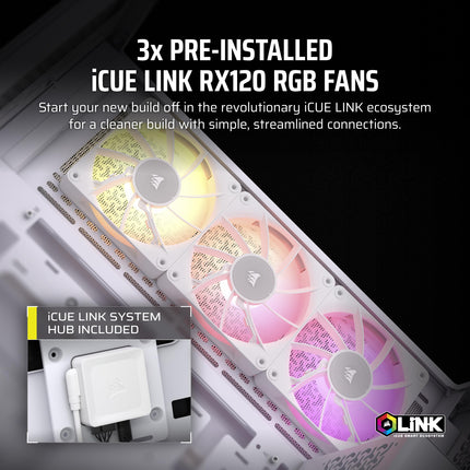 CORSAIR iCUE LINK 3500X RGB Mid-Tower ATX PC Case – Panoramic Tempered Glass – Reverse Connection Motherboard Compatible – 3x CORSAIR iCUE LINK RX120 RGB Fans Included – White