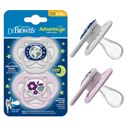 Dr. Brown's Advantage Glow-in-The-Dark Baby Pacifier, Fully Symmetrical Soother with Soft Silicone Bulb, Purple Nature, 6-18m, BPA Free, 2 Pack