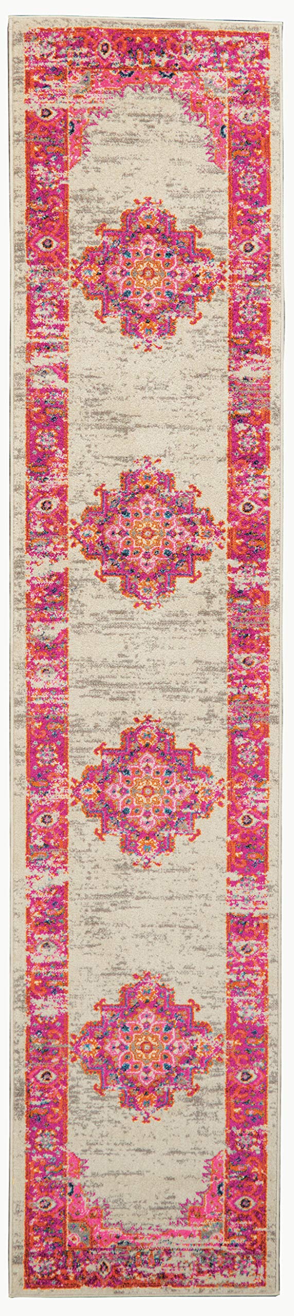 Nourison PSN03 Passion Distressed Vintage Ivory/Fuchsia Area Rug Runner 2'2" x 7'6"