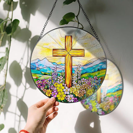 8 Inch Cross Wildflower Stained Glass Suncatcher, Christian Stained Glass Window Hanging, Religious Cross Sun Catcher, Easter Suncatcher Decor, Religious Gifts, Christian Gifts, Easter Gift