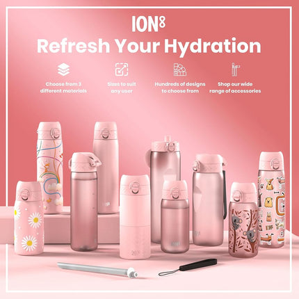 Ion8 Small Water Bottle, 350 ml/12 oz, Leak Proof, Easy to Open, Secure Lock, Dishwasher Safe, BPA Free, Carry Handle, Hygienic Flip Cover, Easy Clean, Odor Free, Carbon Neutral, Pink, Panda Design