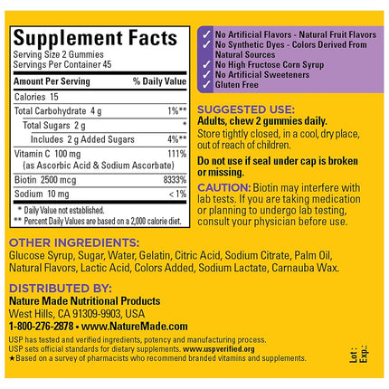 Nature Made Hair, Skin & Nails 2500 mcg Biotin Gummies w. Vitamin C, 90 Count (Packaging May Vary)