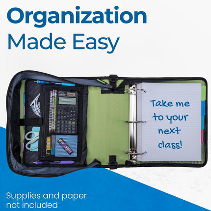 Case-it The Mighty Zip Tab Zipper Binder - 3 Inch O-Rings - 5 Color Tab Expanding File Folder - Multiple Pockets - 600 Sheet Capacity - Comes with Shoulder Strap - Key Lime D-146